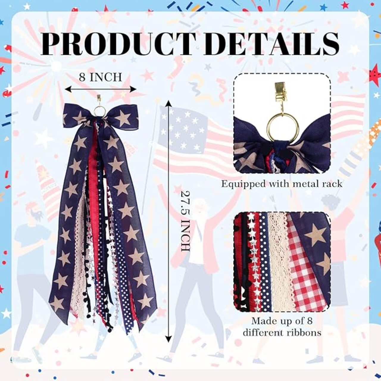Large Patriotic Front Door Wreath Sash, 8‑Ribbon Red White Blue Star Bow with Metal Clip, Wired Edge Americana Decor for 4th of July & Memorial Day